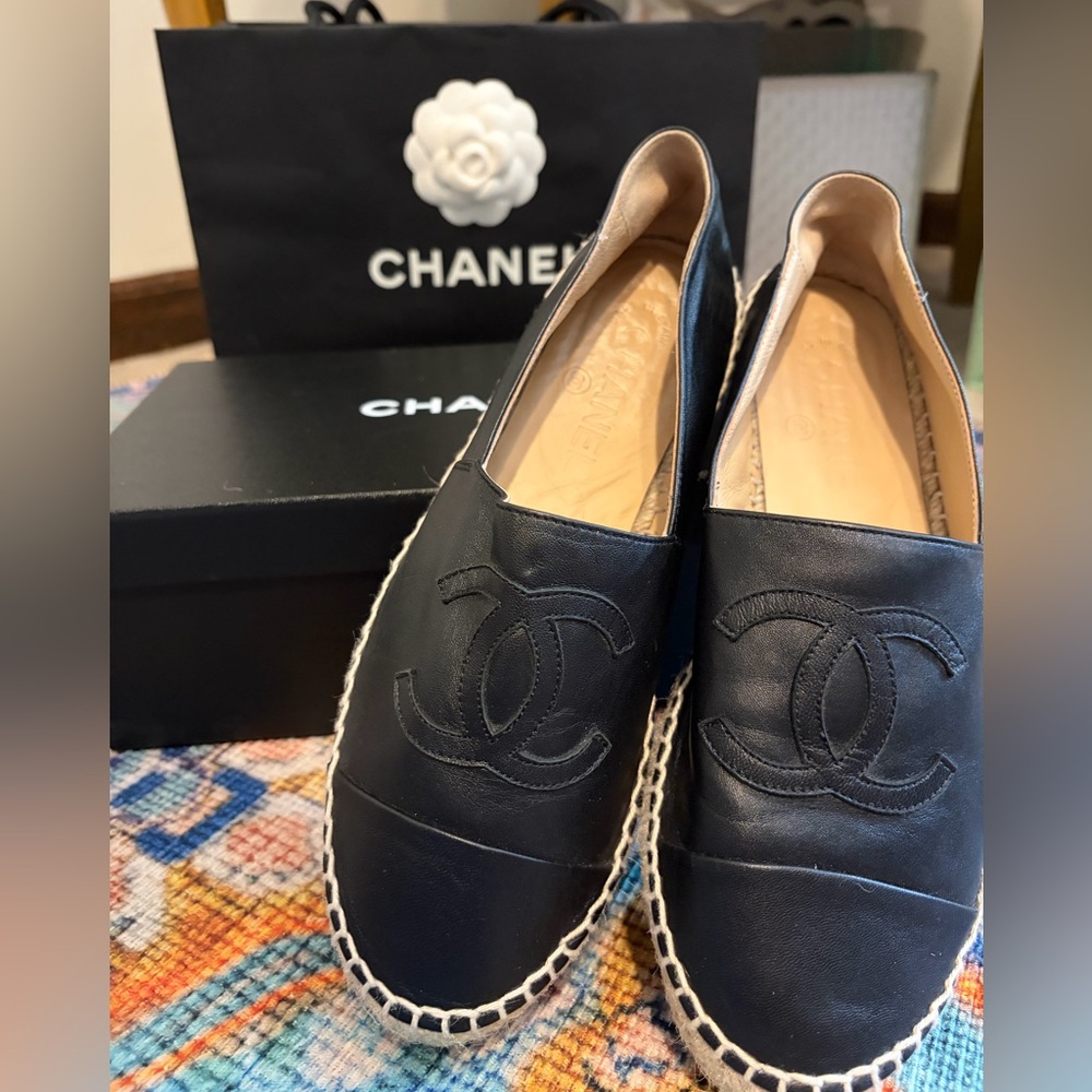CHANEL Black Leather Espadrilles